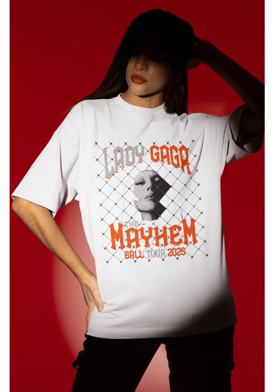 Sevbano Tasarım Lady Gaga Mayhem Şarkıcı Baskılı Unisex Oversize Tişört Beyaz