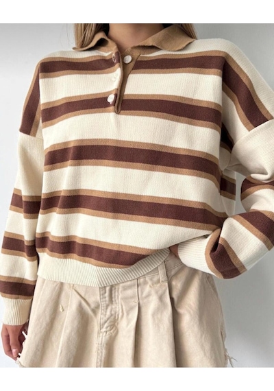 Kadın Çizgili Polo Yaka Oversize Triko Kazak Kahverengi
