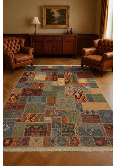 Renkli Patcwork Desen Modern Halı Dekoratif Kilim Çok Renkli