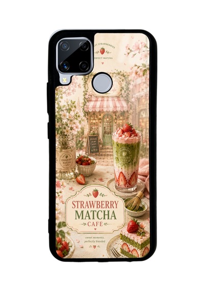 Realme C15 Strawberry Matcha Dream Tasarımlı Glossy Telefon Kılıfı Krem