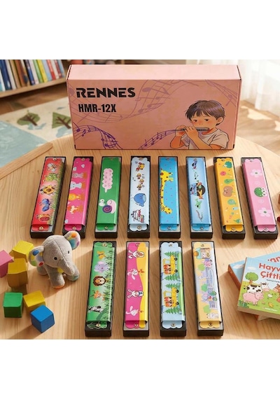 Rennes Hmr-12x 12'li Çocuklara Özel 16 Delikli Mızıka Seti Desenli