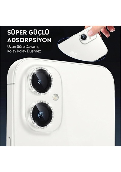 İphone 16/16 Plus İle Uyumlu Elmas Kaplı Taşlı Kamera Lens Koruyucu Alüminyum Alaşım Çerçeveli Telefon Lensi Temperli Cam Koruma Beyaz
