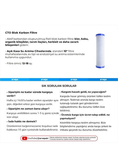 Açık Kasa Su Arıtma Cihazı Blok Karbon Filtre 3 Adet