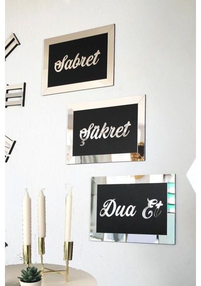 Sabret Şükret Dua Et Duvar Tablosu Ahşap 3'lü Set Gümüş-siyah