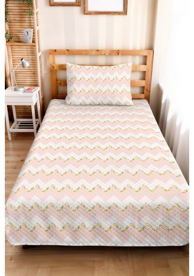 Evimde Bambaşka Pudra Geometrik Kız Çocuk Pike Takımı - Pastel Zigzag Beyaz Bebek Odası Yatak Örtüsü - 160x220  CM