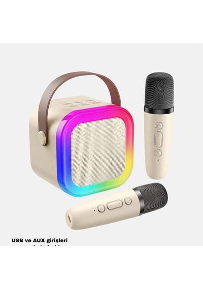 Çift Mikrofonlu Karaoke Hoparlör Bluetooth 5.0, Led Işıklı, Usb Ve Aux Girişli