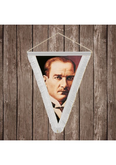 Sivil Gazi Mustafa Kemal Atatürk Portre Beyaz Saçaklı Üçgen Flama Bayrak Hatıra Flama Ata5 Diğer