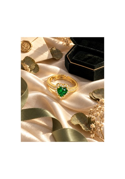 Esoo Jewelry Zirkon Taşlı Ayarlanabilir Kadın Yüzük Altın Renk Pirinç - Yeşil Zirkon