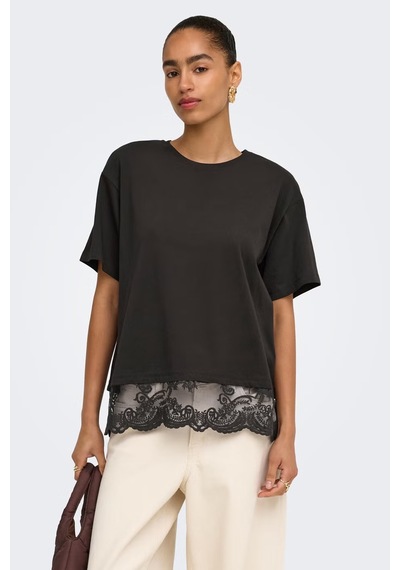Only Onlvivvi Pamuklu Bisiklet Yaka Dantel Detaylı T Shirt Kadın T Shirt 15385031 Koyu Kahve