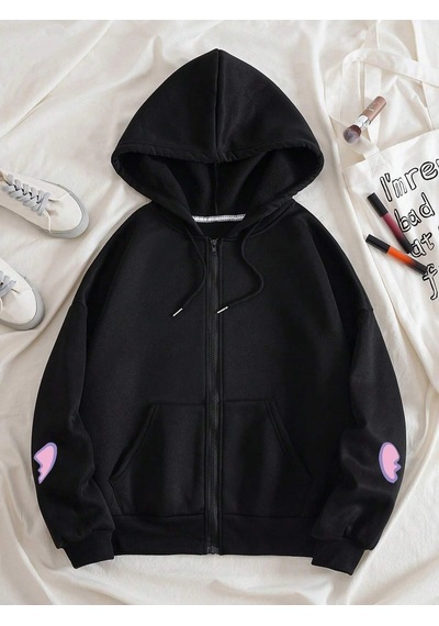 Bear And Heart Print Zip Up Lined Drawstring Hoodie Siyah Siyah