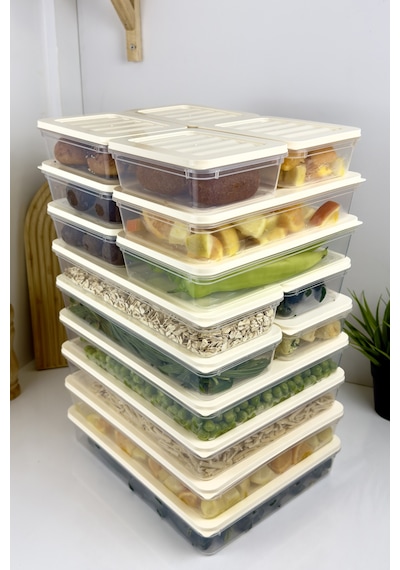 16 Adet Fitbox Buzdolabı Ve Buzluk Düzenleyici Hava Geçirmez Saklama Kabı Seti Krem Kapak