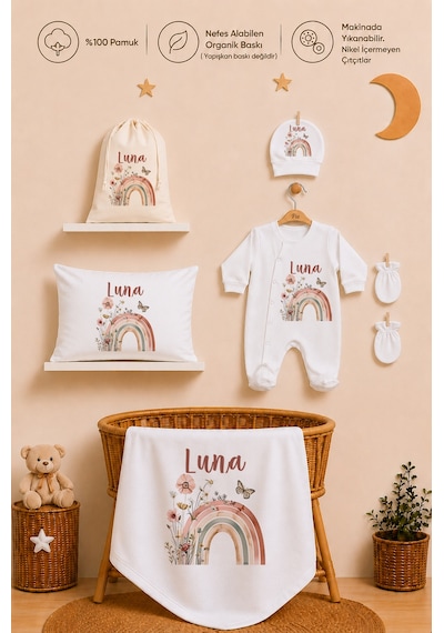 Pia Baby İsme Özel %100 Pamuk Kız Bebek Yastık Battaniyeli Tulum Set Kese Hediyeli 1080tybkyx Krem