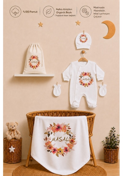 Pia Baby Yeni Doğan Bebek Hediyesi İsme Özel Kız Bebek Hastane Çıkışı Battaniye Tulum Seti %100 Pamuk Kıyafet Keseli 2077btk0x Ekru