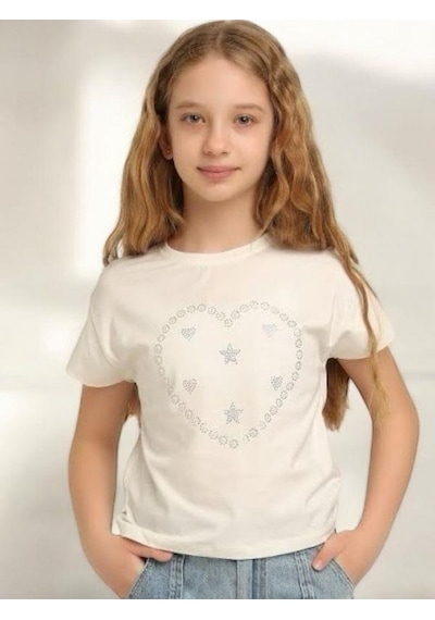 Escabel Kız Çocuk Pamuklu Yuvarlak Yaka Yarım Kol Taşlı T-shirt-15669 Ekru