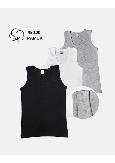 Alya Underwear Erkek Çocuk Pamuk Ribana Atlet Oval Yaka 3'lü Paket Beyaz,siyah,gri-t01 Alya Underwear Erkek Çocuk Pamuk Ribana Atlet Oval Yaka 3'lü Paket Beyaz,siyah,gri-t01