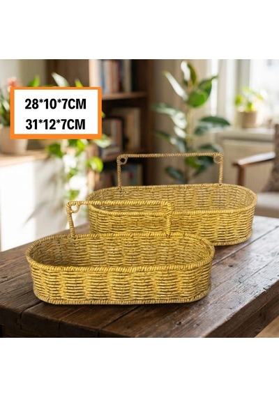 2 Li Duvar Askılı Plastik Rattan Organizer Oval Hasır Görünümlü Mutfak Raf Sepeti, Banyo Ve Ev İçi Düzen Renkli