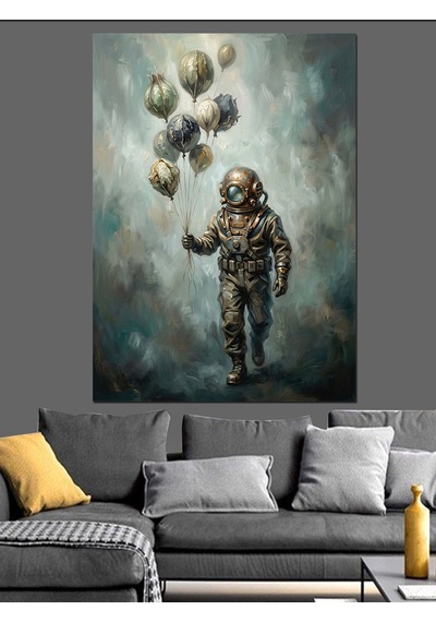 Gökyüzünde Balon Tutan Astronot Tablosu Dekoratif Kanvas - Mdf Ahşap Tablo