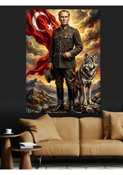 Atatürk Türk Bayrağı Ve Kurt Figürü Dekoratif Kanvas - Mdf Ahşap Tablo