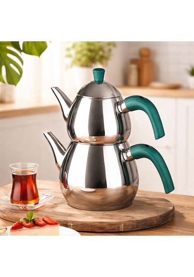 Porsima 1028-2 Damla Bakalit Kulp Orta Boy Paslanmaz Çelik Çaydanlık Takımı - Yeşil - 0.75-1.50lt