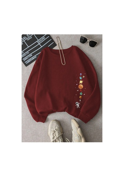 Tarzsokak Astronot Ve Gezegen Baskılı Üç İplik Ünisex Oversize Sweatshirt Kırmızı