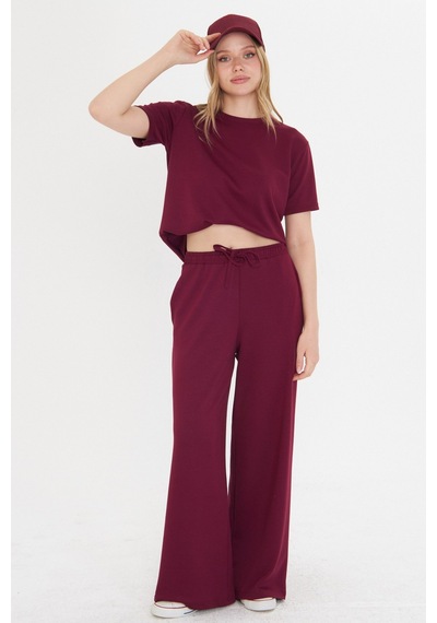 Thiff Gymwear Lacivert Kadın Modal Kumaş Kısa Kolu Eşofman Takımı Bordo