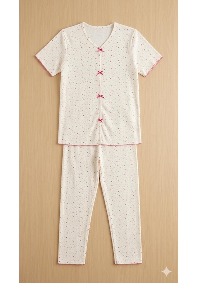 Sleeproom Yazlık Ekru Fuşya Yıldız Desenli Kısa Kol Penye %100 Pamuk Pijama Takım