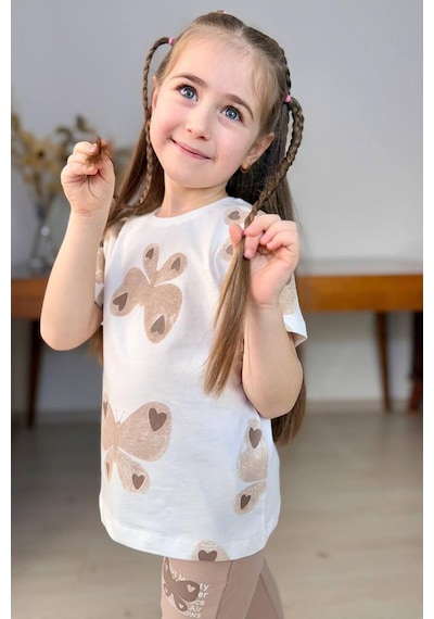 Riccotarz Kız Çocuk Simli Kelebek Baskı Bisiklet Yaka T-shirt Bej Eşofman Takım Beyaz