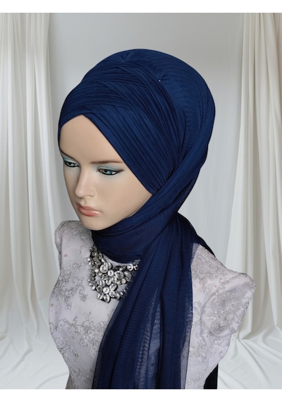 Tunahazırturban Lacivert Sevda Şal Model Hazır Duvak Hazır Şal Hazır Türban Lacivert