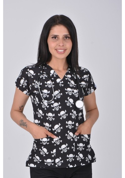 Unisex Siyah Kuru Kafa Desenli Likralı Doktor Hemşire Scrubs Üst Üniforma Siyah Siyah
