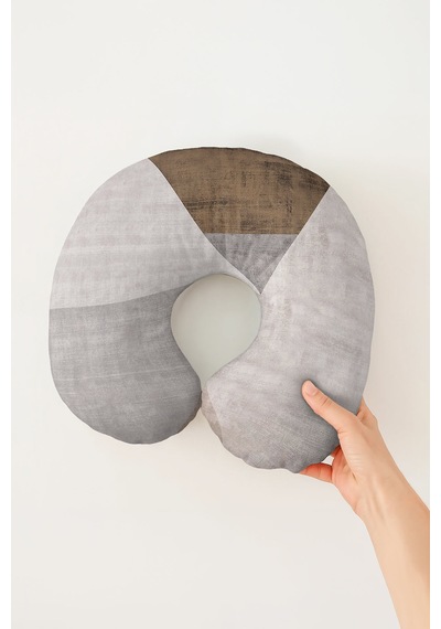 Modern Geometrik Desenli Ergonomik Boyun Yastığı - Soyut Minimal Bej Gri Kahve Seyahat Yastığı Soluk Yağmur Duman