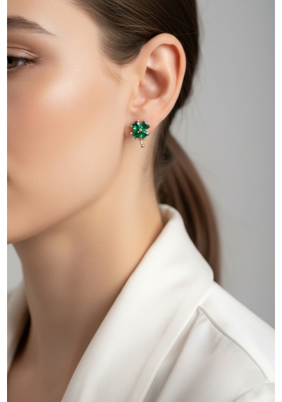 Çekirdekjewelry 925 Ayar Gümüş Zümrüt Taşlı Yonca Küpe Rose