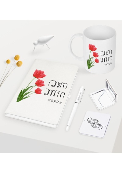 Kişiye Özel Canım Annem Beyaz Defter Kalem Kupa Ayna Seti - 11