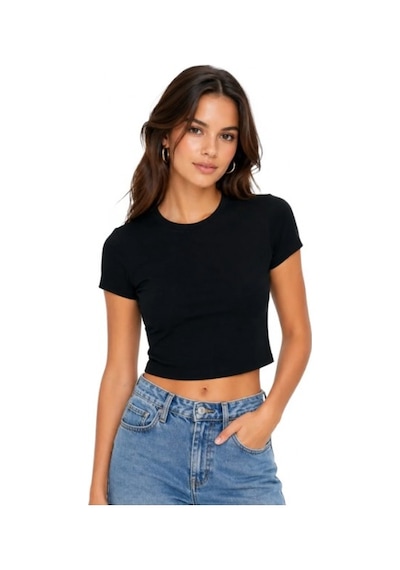 Only Onlhannah S/s O-neck Short Top Kadın Crop T-shirt 15353070 Siyah