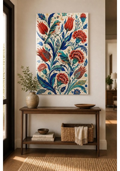 Osmanlı Motifli Kuş Ve Lale Desenli Baskılı Cam Tablo Dekoratif Duvar Sanatı