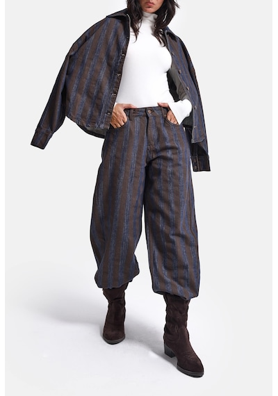 Kadın Kahve Çizgili 1w6-7 Barrel Fit Bol Kesim Tasarım Denim Pantolon