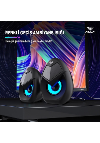 Aula N-69 2 3w Rgb Led Işıklı Masaüstü Oyuncu Laptop Pc Bilgisayar Hoparlörü