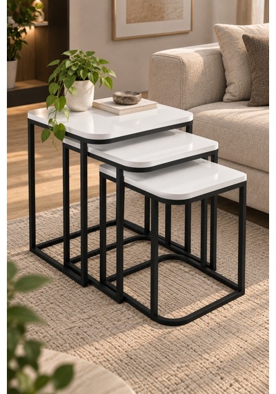 Sulorahome Beyaz 3'lü Kare Zigon Sehpa Seti Metal Ayaklı