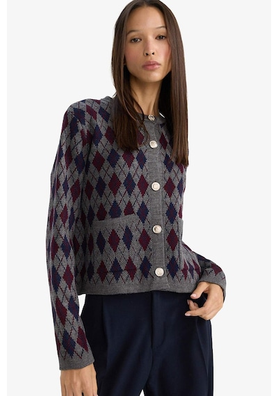 Defacto Regular Fit Bisiklet Yaka Baklava Desenli Düğmeli Triko Hırka G6551ax25wngr27 Gri-gr27