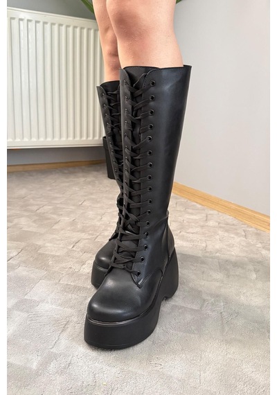 Preshley Kadın Bellina Siyah Cilt Bağcık Detaylı Fermuarlı 9 Cm Topuklu Platfomlu Çizme Siyah Preshley Kadın Bellina Siyah Cilt Bağcık Detaylı Fermuarlı 9 Cm Topuklu Platfomlu Çizme Siyah