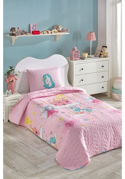 Kapitone Yatak Örtüsü Seti Tek Kişilik Unicorn Dreams Pembe Pembe