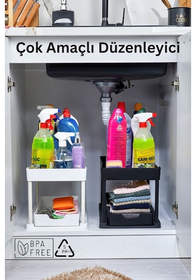 2 Katlı Çok Amaçlı Tezgah Altı Düzenleyici / 2'li Set- Beyaz/siyah Beyaz - Siyah