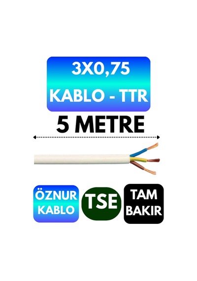 Öznur 3x0,75 Ttr Kablo Beyaz Metre Seçenekli - 5 Metre