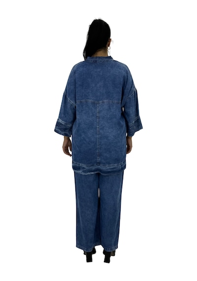 Büyük Beden Denim Tensel İnci Boncuk İşlemeli Kapri Kol Yarım Düğme Detaylı Kadın Takım Mavi Büyük Beden Denim Tensel İnci Boncuk İşlemeli Kapri Kol Yarım Düğme Detaylı Kadın Takım Mavi
