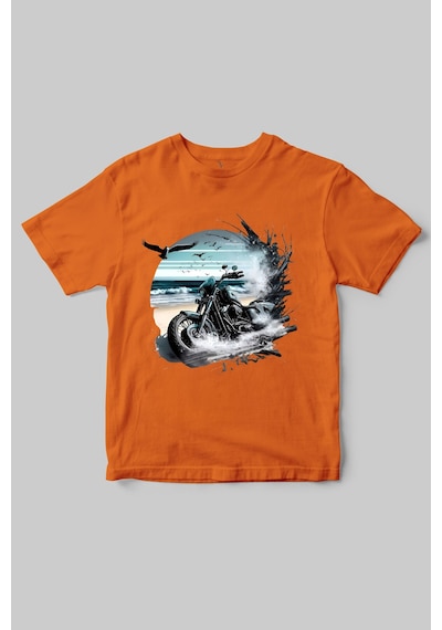 Motorcu Temalı Chopper Motorsiklet Ve Deniz Baskılı Regular Fit %100 Pamuk Bisiklet Yaka T-shirt Turuncu