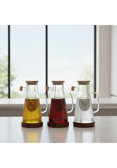 Amberhaus Kesten 900 Ml Cam Yağdanlık Ahşap Kapaklı Ve Altlıklı Şeffaf, Pratik Mutfak Yağ Ve Sirke Şişesi