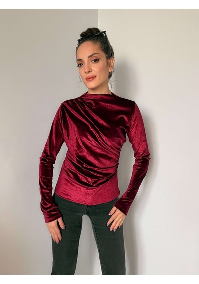 Ali Butik Bordo Balıkçı Yaka Kadife Bluz Bordo