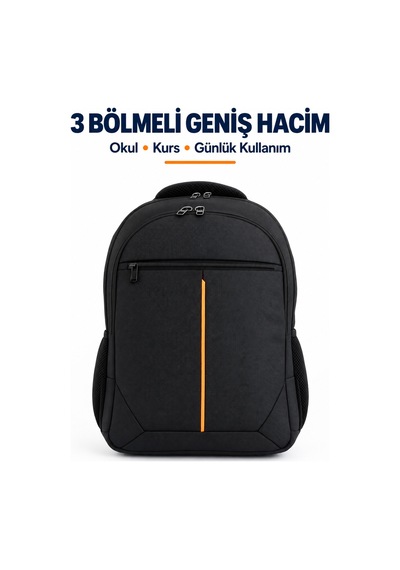 3 Bölmeli Okul Sırt Çantası Laptop Bölmeli Siyah-turuncu 2121