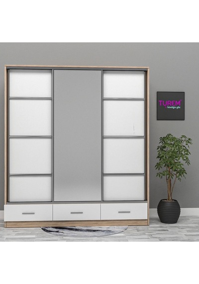 Sürgülü Kapılı 3 Çekmeceli Gardırop Suntalam Sis Gri