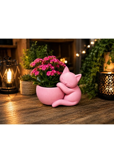 3d Baskı Sarılan Kedi Saksı - Sevimli Dekoratif Saksı - Pembe -
