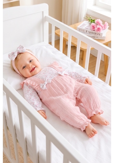 Babymod Çiçek Desenli Bandanalı 100% Pamuk Kız Bebek Tulum Somon